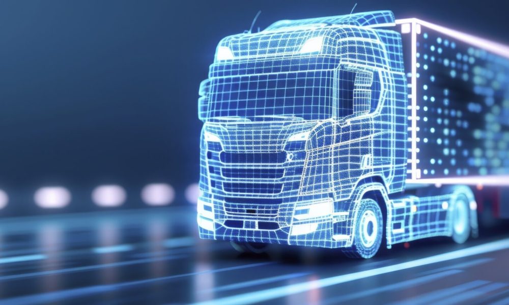 Digital wireframe truck on the road, blue background with light effects, Concept of modern transportation technology and global shipping business.